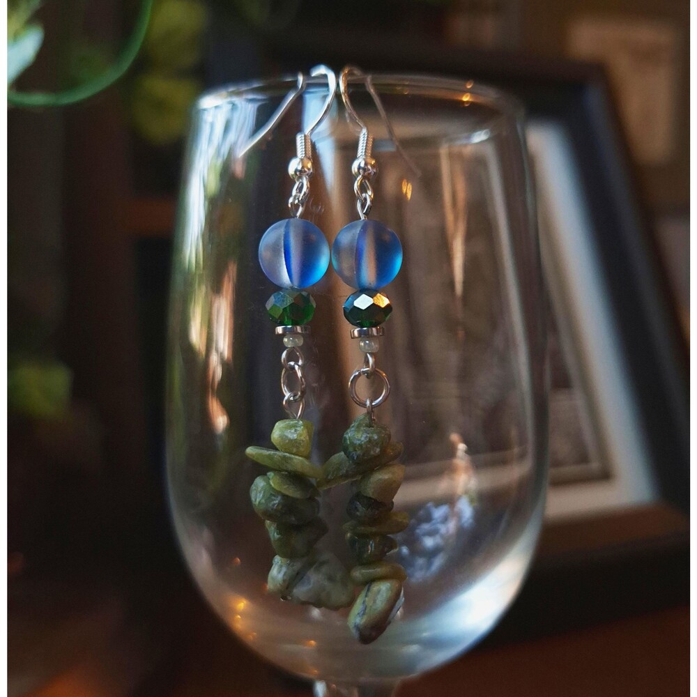 Aqua Blue Glass & Green Serpentine Dangle Earrings - Picture 6 of 13